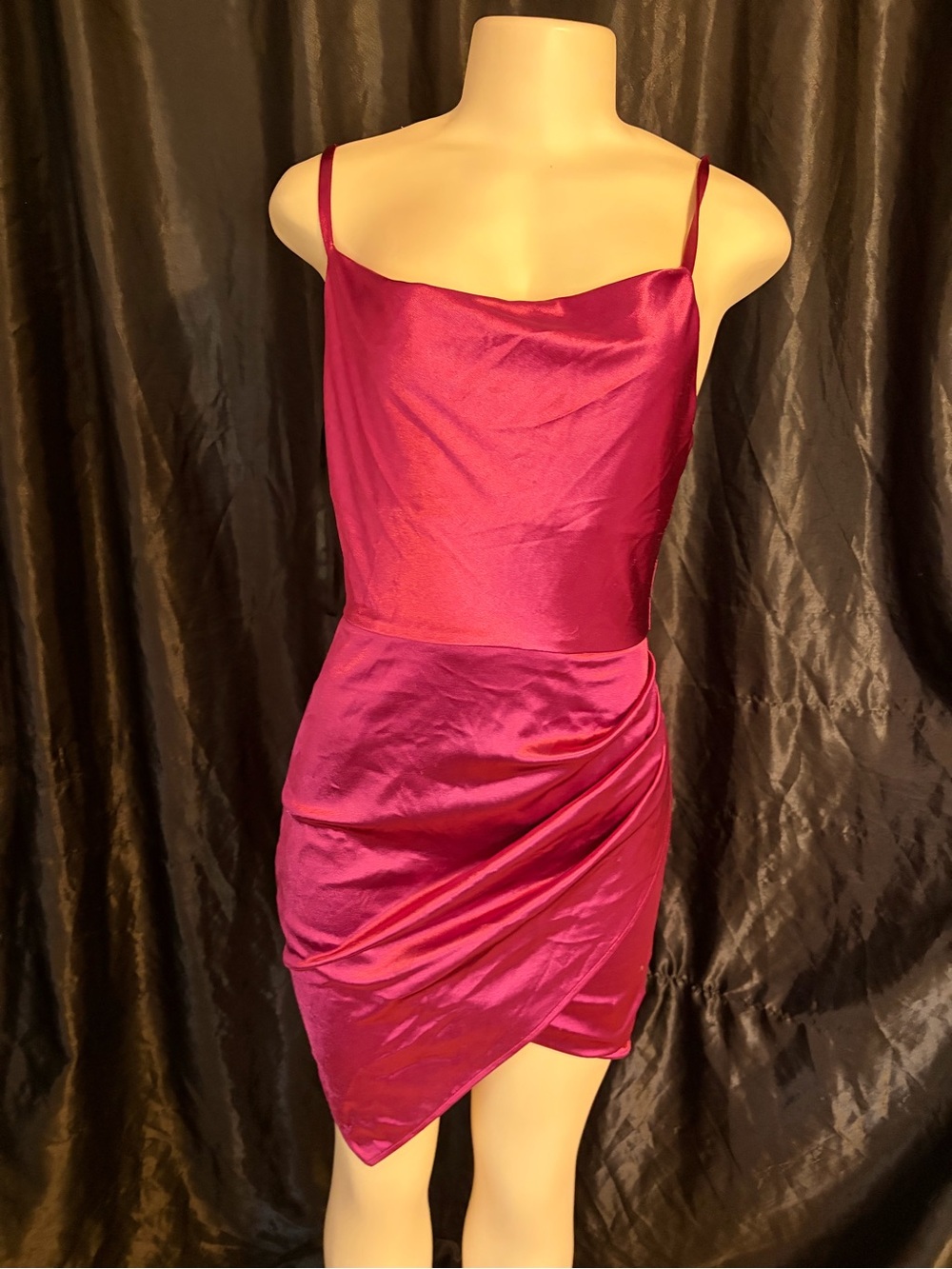 BCX Magenta Satin Mini Slip Dress with Asymmetric Wrap Skirt